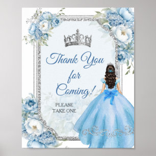 Blå Blommigt Silver Krona Quinceañera Tack Poster