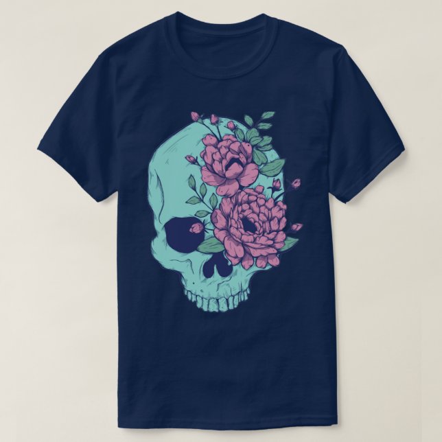 Blå Blommigt Skull T Shirt (Design framsida)