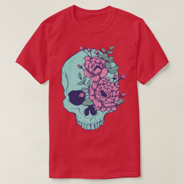 Blå Blommigt Skull T Shirt (Design framsida)