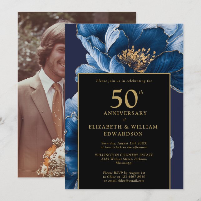 Blå Blommigt, svart och Guld 50-årsfoto Inbjudningar (Fram/baksida)