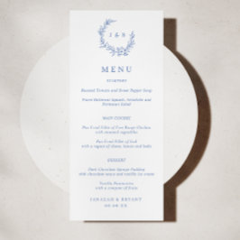 Blå Blommigt Utandning Monogram Bröllop Menu Meny