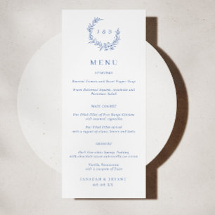 Blå Blommigt Utandning Monogram Bröllop Menu Meny