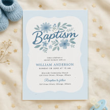 Blå Blommigt Vågigt Baptism-inbjudan till Kant för