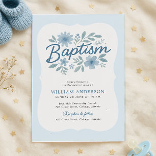 Blå Blommigt Vågigt Baptism-inbjudan till Kant för Inbjudningar