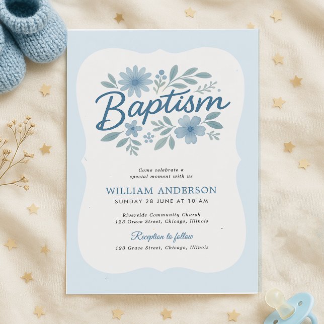 Blå Blommigt Vågigt Baptism-inbjudan till Kant för Inbjudningar (Baptism invite with blue floral frame and stars – soft, sweet, and perfect for baby boys

)