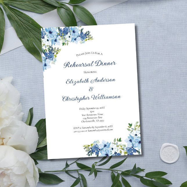 Blå Blommigt Vattenfärg Greenery Rehearsal Middag Inbjudningar (Blue Watercolor Floral with Greenery Wedding Rehearsal dinner invitation)