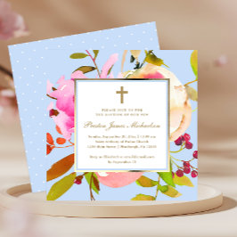 Blå Blommigt vattenfärg med Kor-baptism Inbjudningar