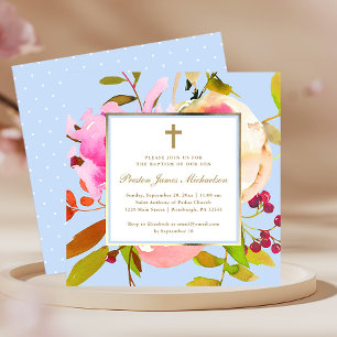 Blå Blommigt vattenfärg med Kor-baptism Inbjudningar