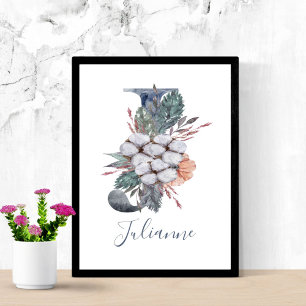 Blå Blommigt Vattenfärg Monogram J Namn Poster