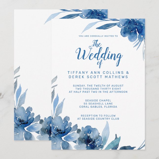 Blå Blommigt - vattenfärg Romantic Bröllop Inbjudningar (Fram/baksida)