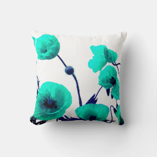 Blå Blommigt Vattenfärgsdiskettblommor Vita Modern Kudde