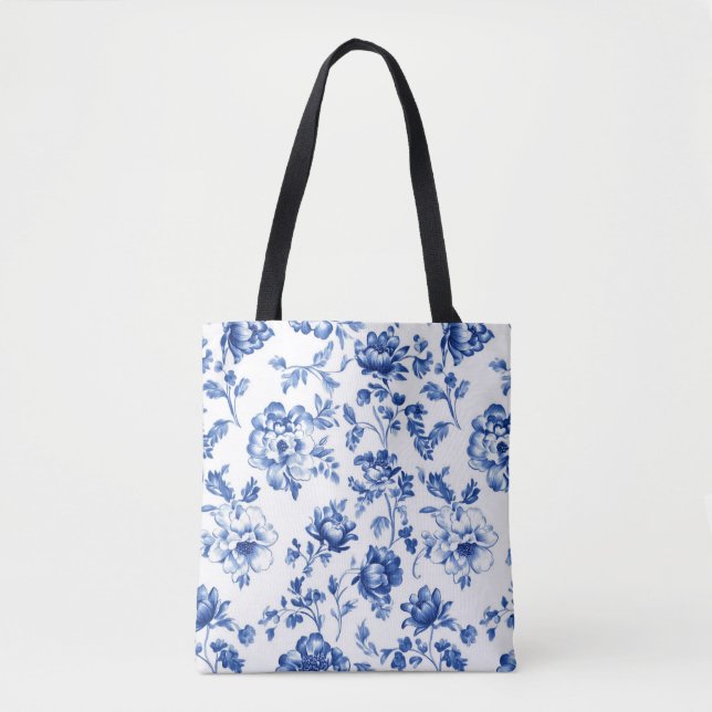 Blå Blommigt--vintage stil botaniska Tygkasse (Framsida)