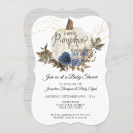 Blå Blommigt (vit) med Pumpkin Babykläder Inbjudningar