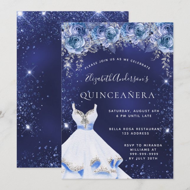 Blå blommigtar för glitter-klänning Quinceanera Inbjudningar (Fram/baksida)