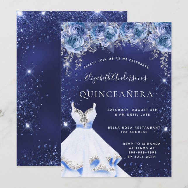 Blå blommigtar för glitter-klänning Quinceanera Inbjudningar (Fram/baksida)