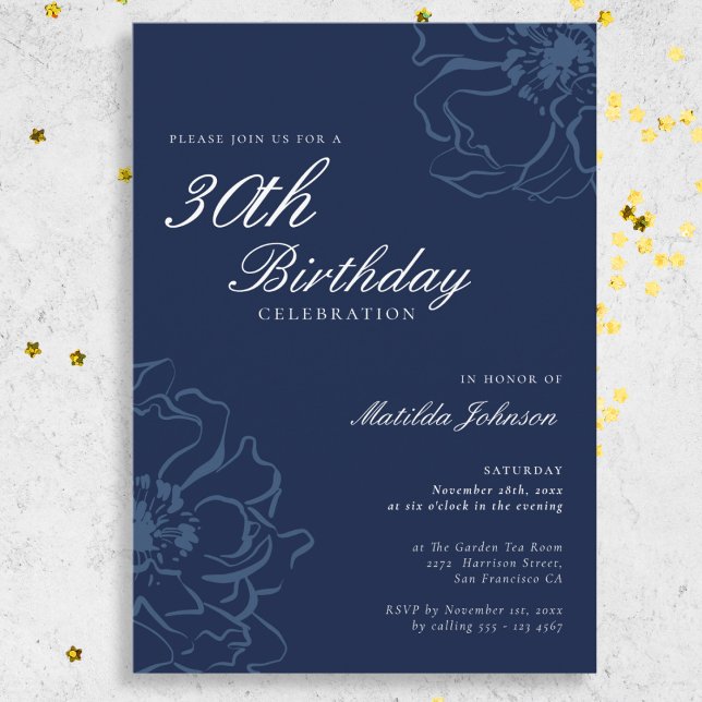 Blå Blommigten 30års födelsedag Party Inbjudningar (Blue Floral 30th Birthday Party Invitation)
