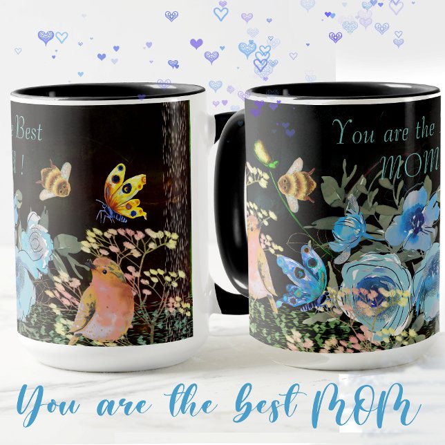 Blå Blommigten Black Best Mamma Mugg (Blue Floral Black Best Mom Mug)