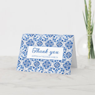 Blå Blommigten Bröllop, portugisiska Tiles, tack Kort