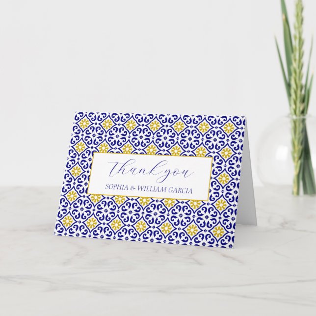 Blå Blommigten Bröllop, portugisiska Tiles, tack Kort (Framsida)