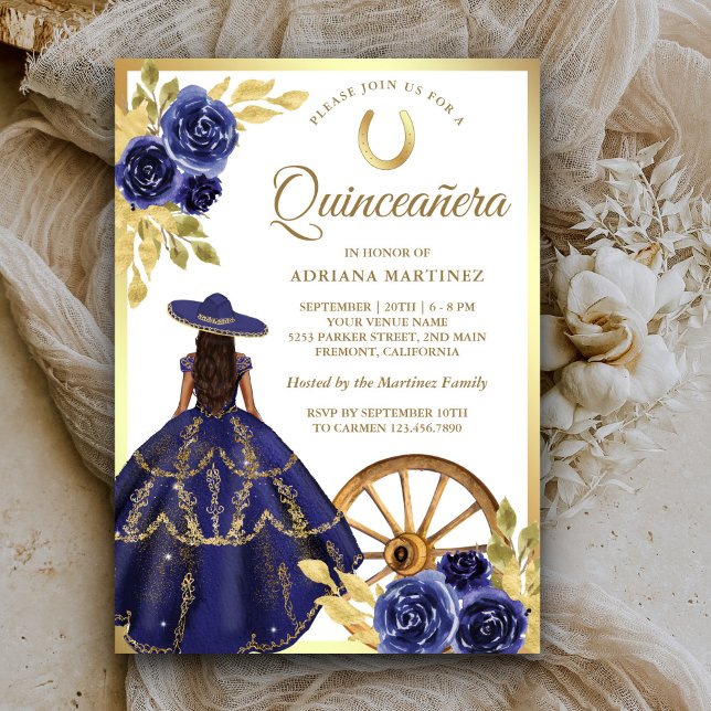 Blå Blommigten Charro Guld Quinceanera Inbjudningar (Skapare uppladdad)