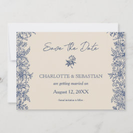 Blå blommigten gräns vintage bröllop spara datumet
