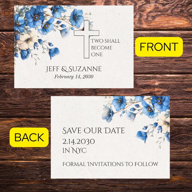 Blå Blommigten Kor 2 blir en Bröllop Spara Datumet (Blue Floral Cross Two Become One Wedding Save The Date Cards)