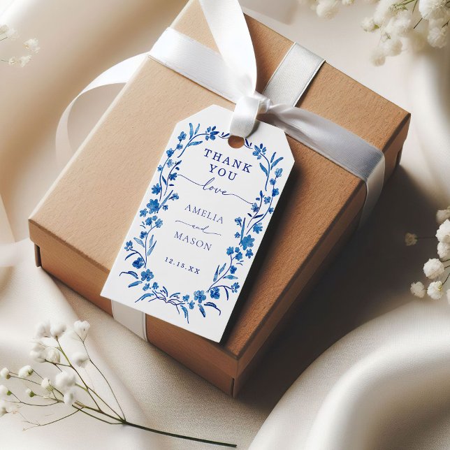 Blå Blommigten Ram Tack Bröllop Gift Märkre Presentetikett (Blue Floral Watercolor Frame Thank You Wedding Gift Tag)