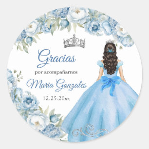 Blå Blommigten Silver Krona 15 Años Tack Gift Runt Klistermärke