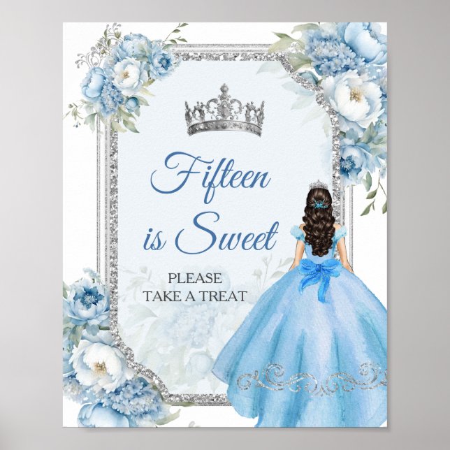 Blå Blommigten Silver Quinceañera 15 är Sweet Poster (Framsidan)