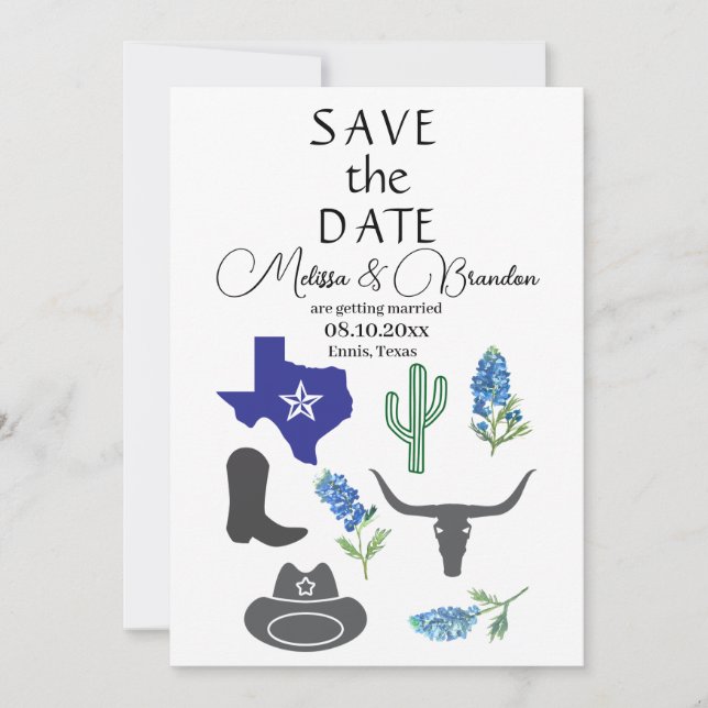 Blå Blommigten Texas Rustic Bröllop Inbjudningar (Framsida)