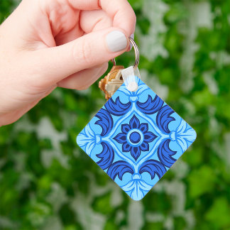 Blå Blommigten Tile Mönster Vintage Mediterranean Nyckelring