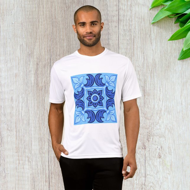 Blå Blommigten Tile Mönster Vintage Mediterranean T Shirt (Skapare uppladdad)
