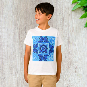 Blå Blommigten Tile Mönster Vintage Mediterranean T Shirt