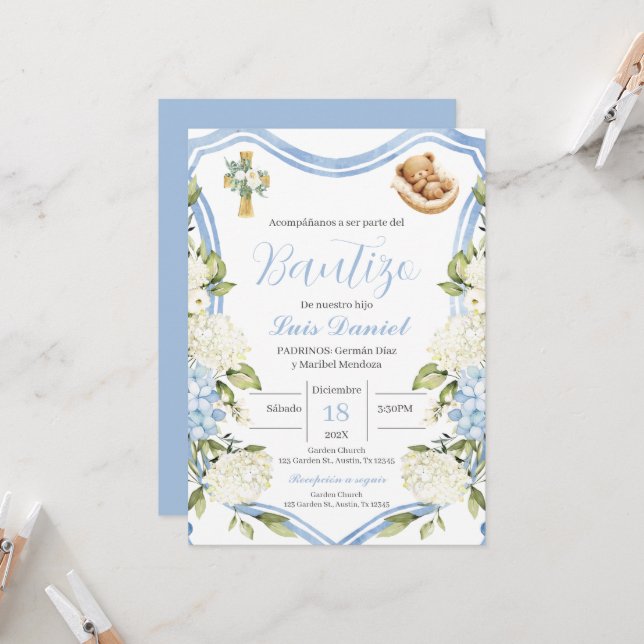 Blå blommigtens baptism - inbjudan till spanska (Fram/Back In Situ)