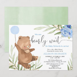 Blå blommigtens gröna björn, babydusch inbjudningar