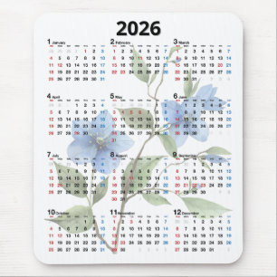 Blå Blommor 2026 Kalender På Vit Bakgrund Musmatta