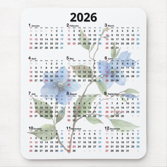 Blå Blommor 2026 Kalender På Vit Bakgrund Musmatta (Framsidan)