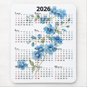 Blå blommor 2026 kalender på vit bakgrund musmatta