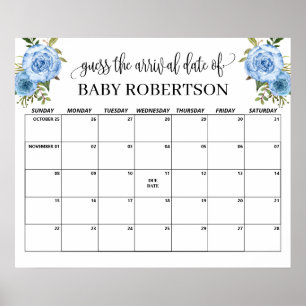 Blå blommor Baby Shower Gissa Förfallodatum Kalend Poster