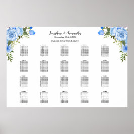 Blå blommor Bordskarta 20 bord Bröllop Poster