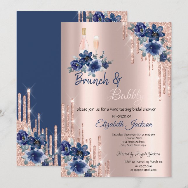 Blå Blommor Dropp Brunch & Bubbly Bröllopsdusch Inbjudningar (Fram/baksida)