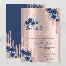 Blå Blommor Dropp Brunch & Bubbly Bröllopsdusch Inbjudningar