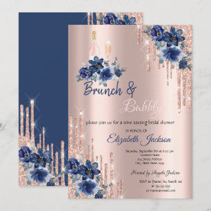 Blå Blommor Dropp Brunch & Bubbly Bröllopsdusch Inbjudningar