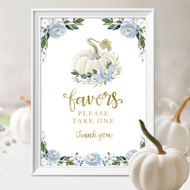Blå Blommor Faller Pumpa Baby Shower Favors Skylt (Skapare uppladdad)