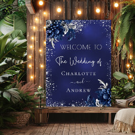 Blå blommor från bröllop, blå silver glitter poster