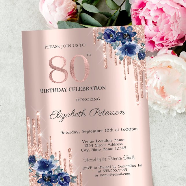 Blå Blommor Glitterdropar Rose Gold 80-årsfirande Inbjudningar (Skapare uppladdad)