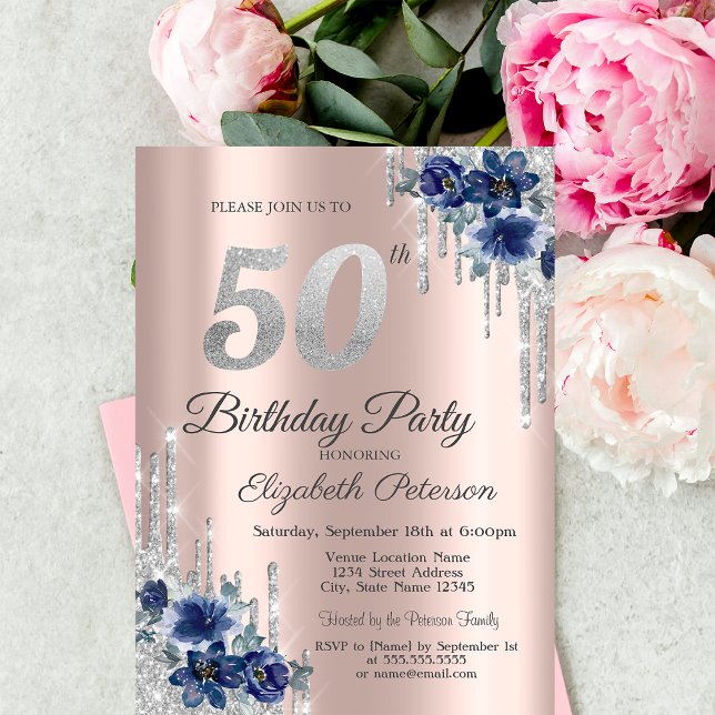 Blå blommor Glitterdroppare Roséguld 50-årsdag Inbjudningar (Skapare uppladdad)