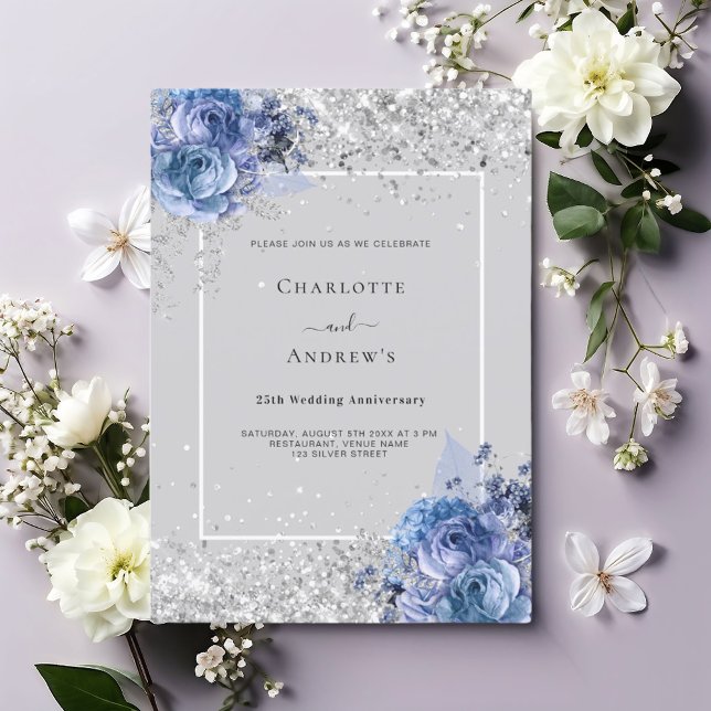 Blå blommor grå silver 25-års bröllopsjubileum inbjudningar (Skapare uppladdad)