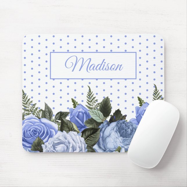 Blå blommor Gröna blad Monogram Vita prickar Musmatta (Med mus)