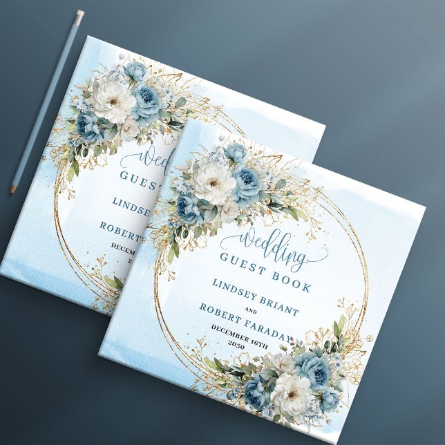 Blå Blommor Grönska Guld Bröllop Gästbok (Blue Flowers Greenery Gold Wedding Guest Book)